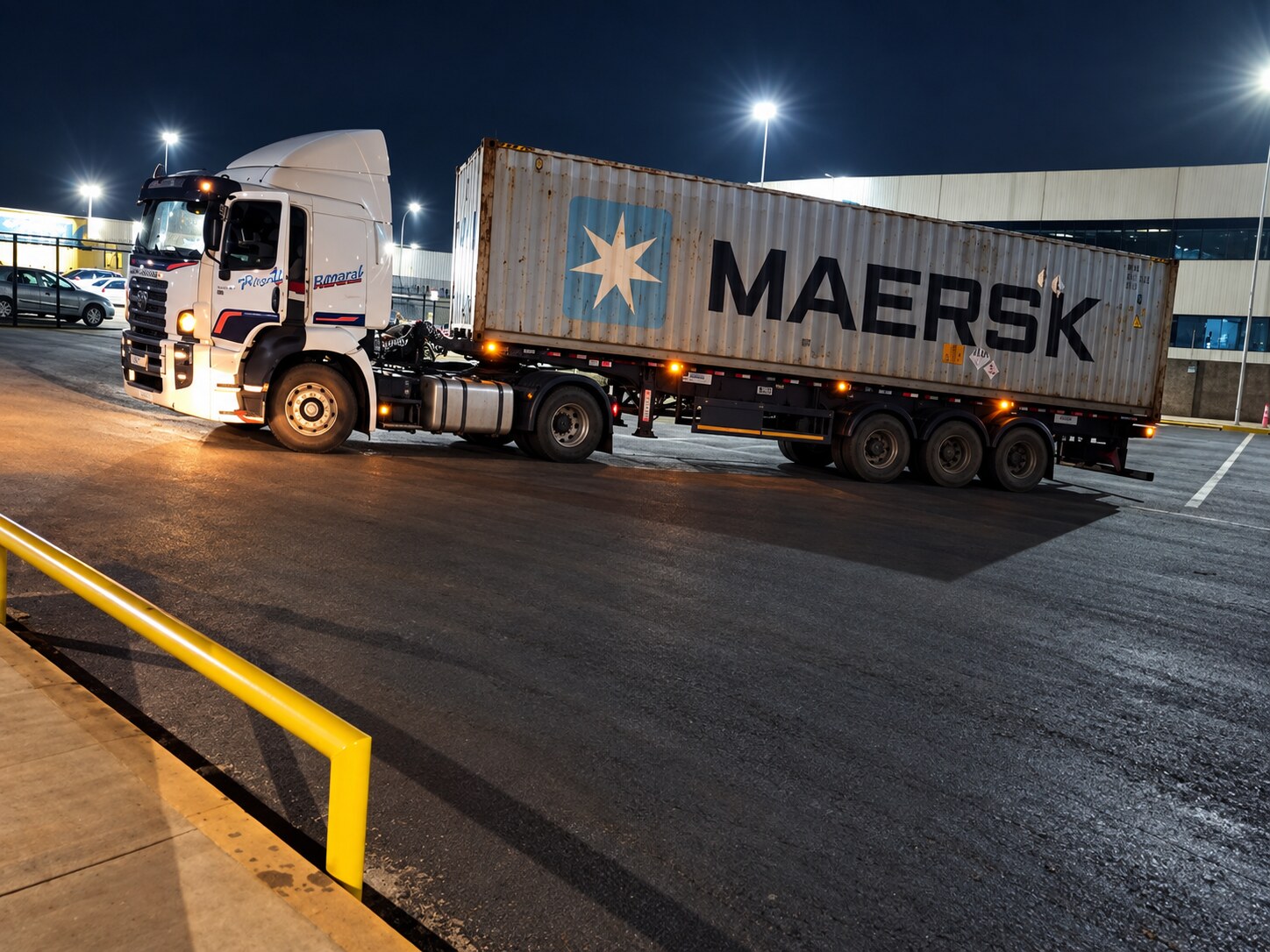 Caminhão da PR Amaral Transportes realizando transporte noturno de contêiner